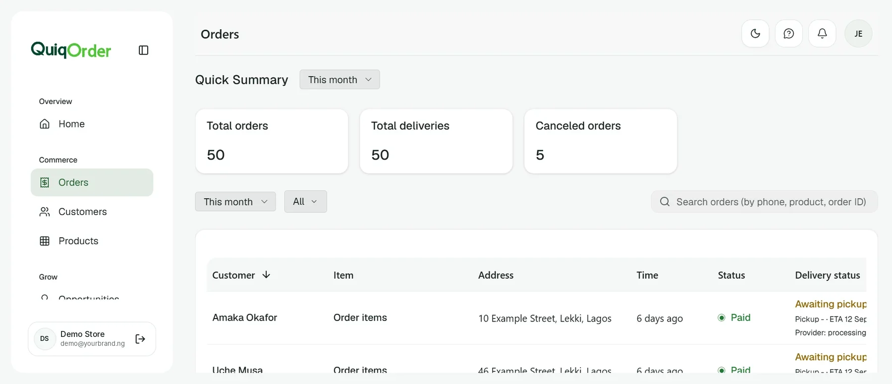 Orders with payment and delivery status