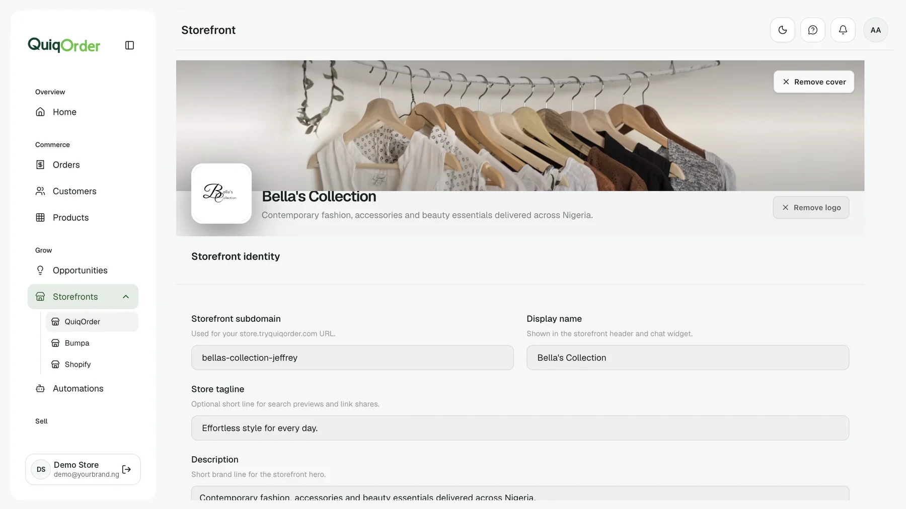QuiqOrder storefront editor