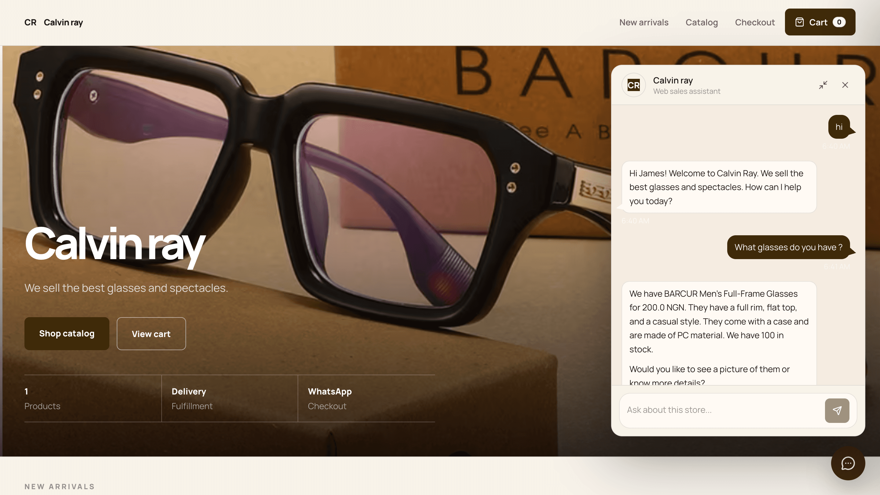 QuiqOrder storefront with a web sales assistant answering customer product questions.